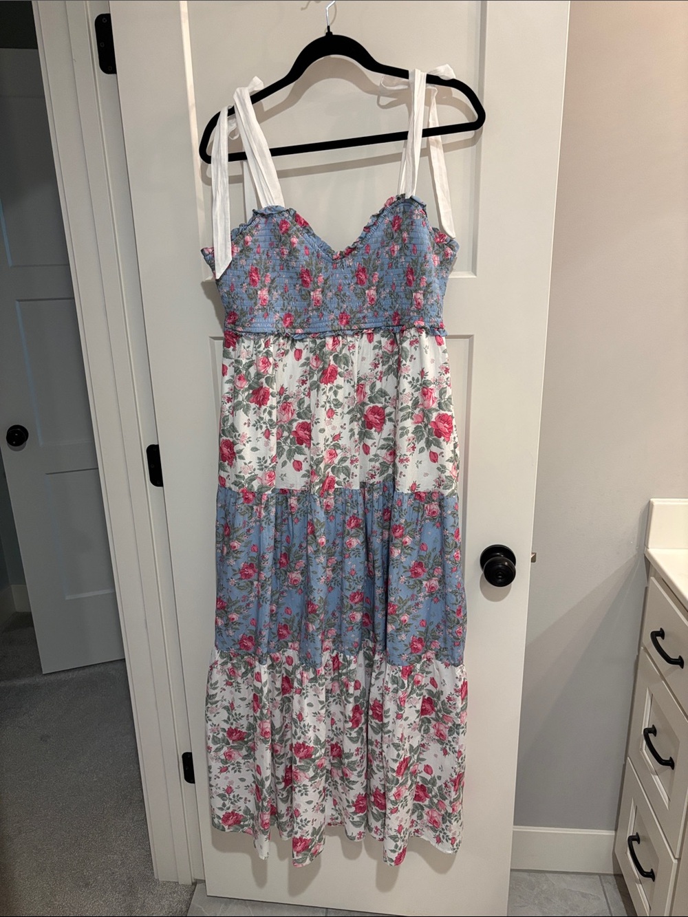 Altar'd State Blue & White Floral Tiered Maxi Dress with Tie Straps
